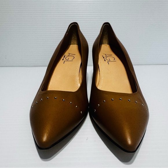 AGL Tan Leather Studded Block Heels Size 39 1/2 - Picture 6 of 15